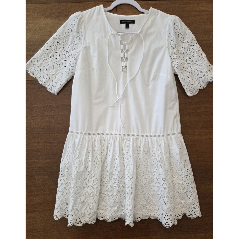 Banana Republic‎ White Eyelet Ruffle Dress Lace Lanter Petite Small Short Sleeve